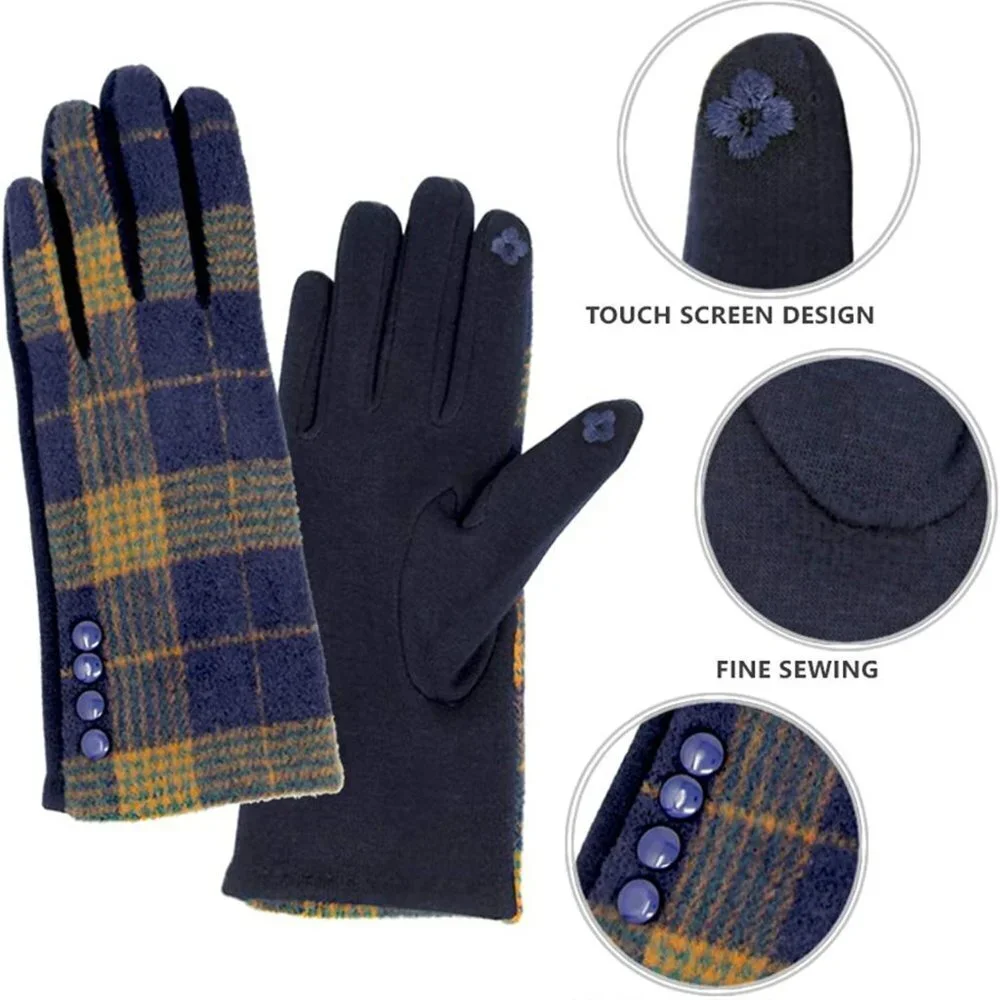 Black Button Plaid Smart Gloves Fleece Lined Smart Touch Text Friend